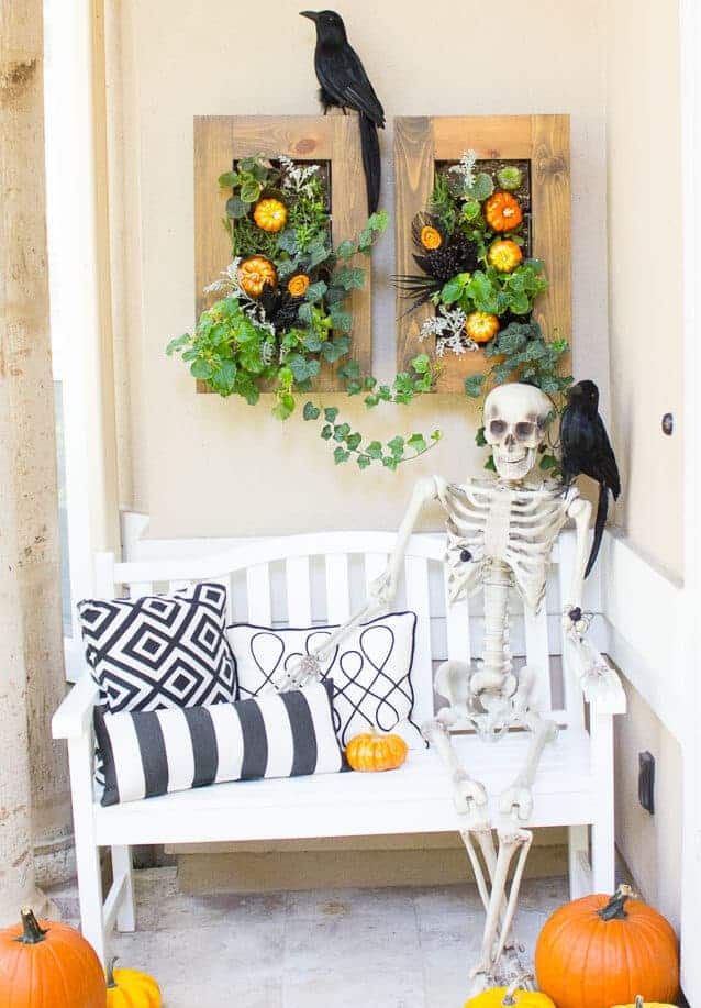 Spooky halloween skeleton front porch