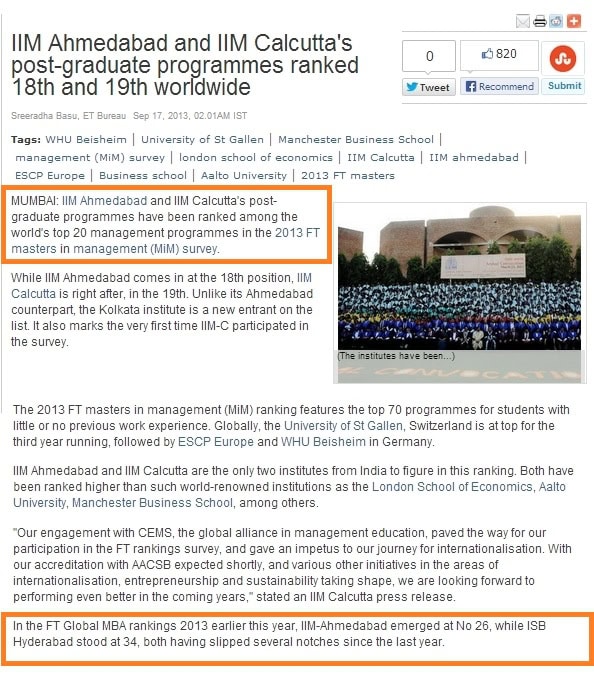IIM ahmedabad iim calcutta 1 year mba ranking