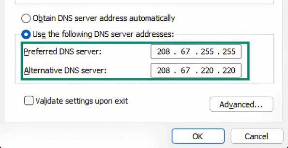 Windows IPv4 Properties window showing manual DNS configuration fields.