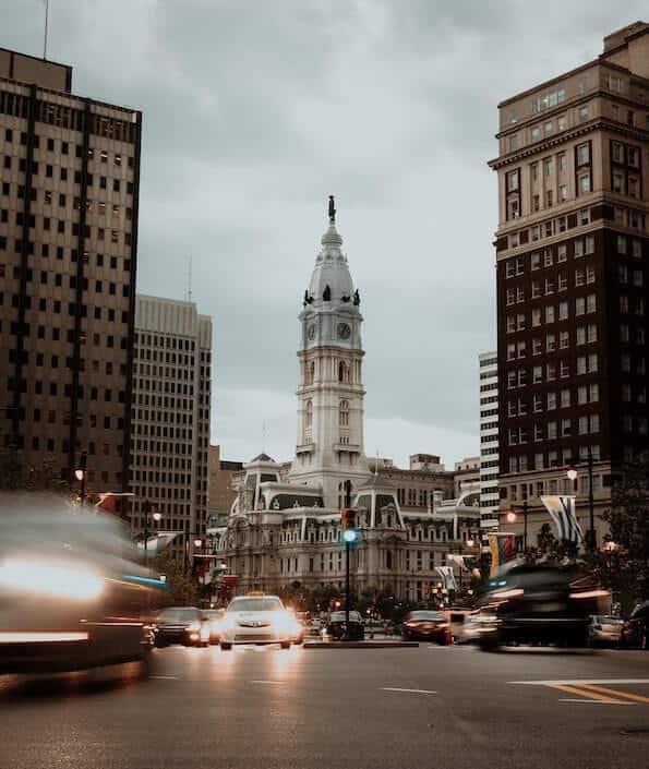 Street View of Philadelphia City Hall on Gloomy Day