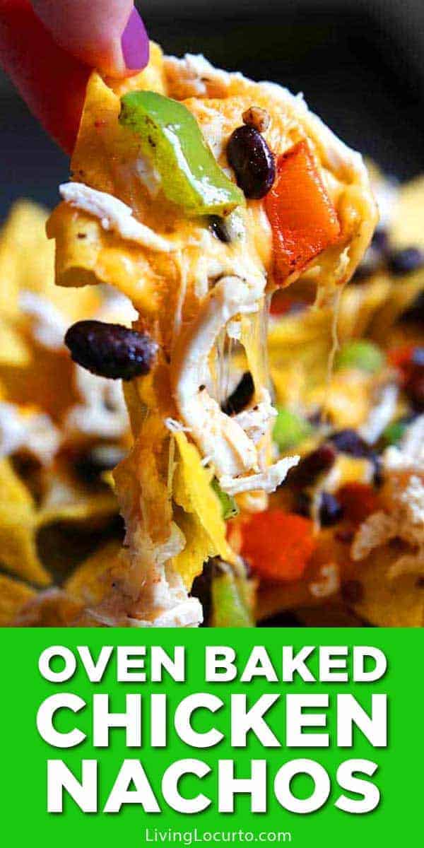 Easy Baked Chicken Nachos Recipe! These sheet pan nachos with chicken loaded with your favorite toppings make the perfect quick dinner or party snack!