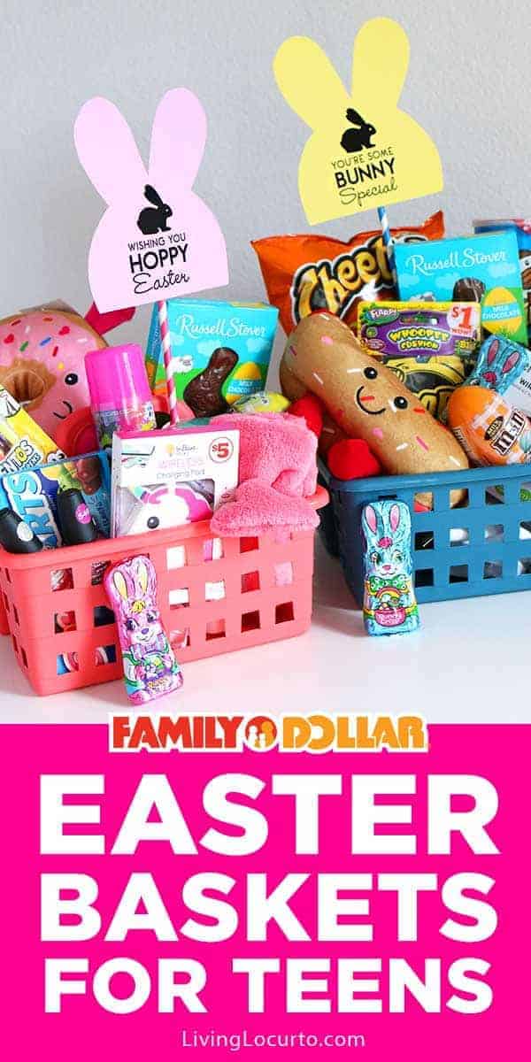 Easy Easter Basket Ideas for Teens. $25 or less with items from Family Dollar and free printable bunny tags.