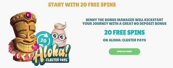 20 no deposit free spins on Aloha Cluster Pays slot
