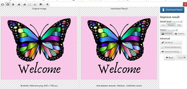 Vector Magic converts a JPG to SVG with the butterfly as a demonstration