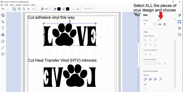 Mirrored HTV showing the 'Flip" icon in Canvas Workspace