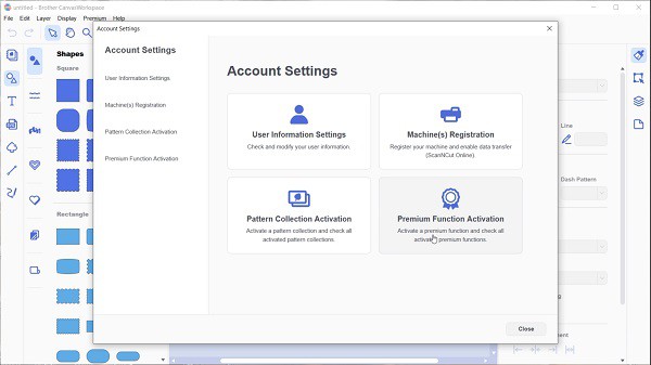 Premium Function Activation screen in Canvas Workspace