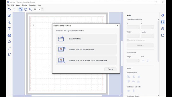 Canvas Workspace screen showing Export FCM file, Transfer FCM via the Internet and Transfer FCM file to the Scan N Cut via a cable.