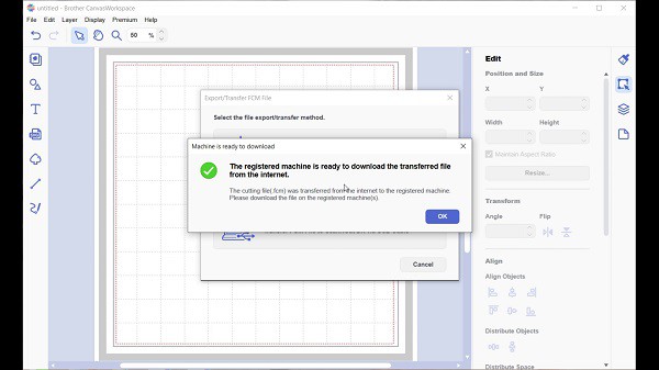 The registered machine is ready to download the transferred files from the internet message indicating the FCM file has been transferred successfully to the Scan N Cut