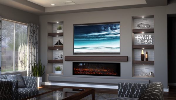 symmetrical wall with linear fireplace and tv can create a warm and calming living room