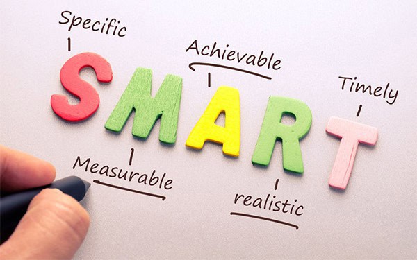 The letters 'SMART' demonstrating what each letter stands for - specific, measurable, achievable, realistic and timely.