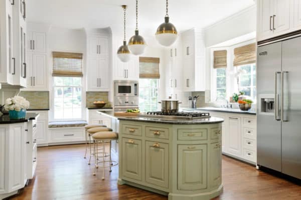 white cabinets and distressed green island to beautifully contrast stainless appliances