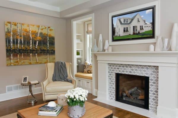 contemporary white tile in front of fireplace with modern walker zanger studio moderne hollywood mosaic surround