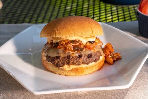 kimchi burger with chili mayo