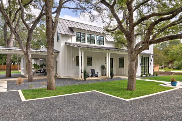 a simple and crisp look with contrasting color of white house and black windows