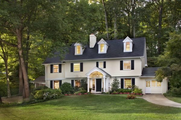 choose classical architecture style with a traditional roof over door entry and domestica mandena evergreens