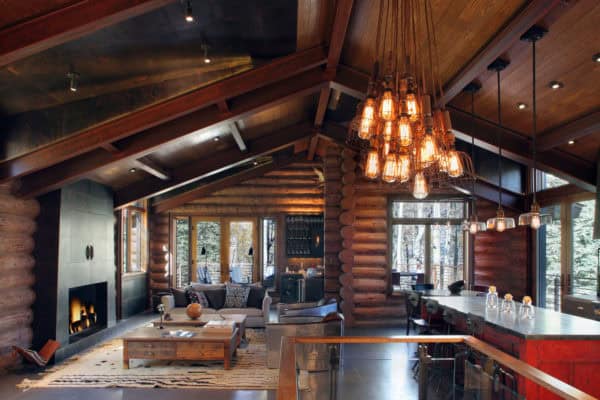 try an open concept log cabin living room connected with the family dining area