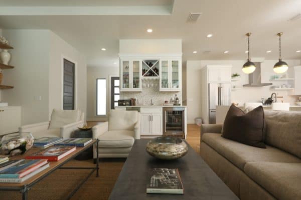 consider this small wet bar idea in an open concept living room for an easy-access bar