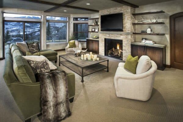 these canadian maple floating shelves next to fireplace with tv above make for a cozy, pastoral family room