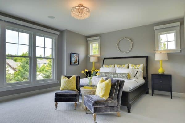 this warm carpet and wall color combination uses silver chain by benjamin moore and soft gray carpeting