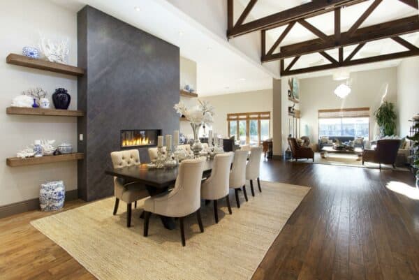 floating doug fir shelves next to the dining room fireplace as a displaying unit can evoke an elegant contemporary vibe