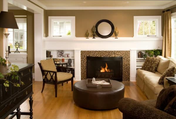 elegant living room with tile fireplace and matching tile floors in front of it