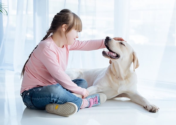 Little girl with down syndrome stroking Labrador retriever head כלב עם סיבות טובות לאופטימיות