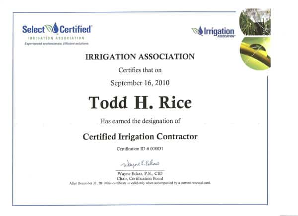 Certified Irrigation Contractor - Todd H. Rice - Midwest Lawn Sprinklers