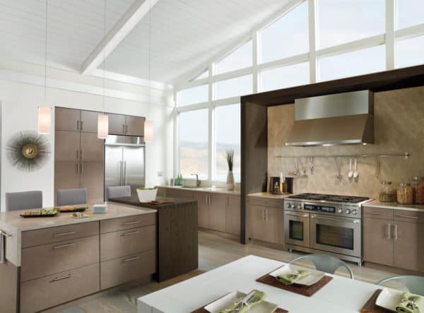 brown cabinets and white walls with floor-to-ceiling windows can create a stunning modern kitchen