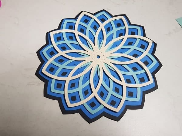 3D Mandala with base layer, layer 3, layer 2 and layer 2 completed.