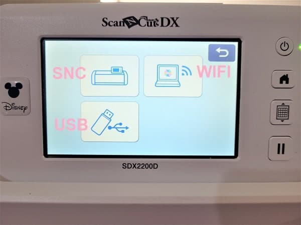 SDX2200D Disney model screen showing the option on how to transfer a file created on the Scan N Cut to either USB, computer via wifi or save to the cutting machine's memory.