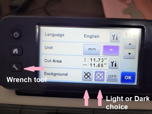 CM range location of the wrench tool which brings up the icons to choose a light or dark background for the scanned mat.