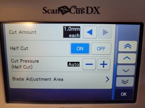 Pressure adjustment setting for the SDX Scan N Cut showing auto in Half Cut