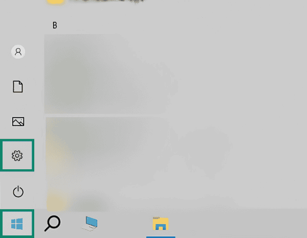 Windows 10 Start menu sidebar showing a gear-shaped settings icon highlighted inside a teal box above the power button.