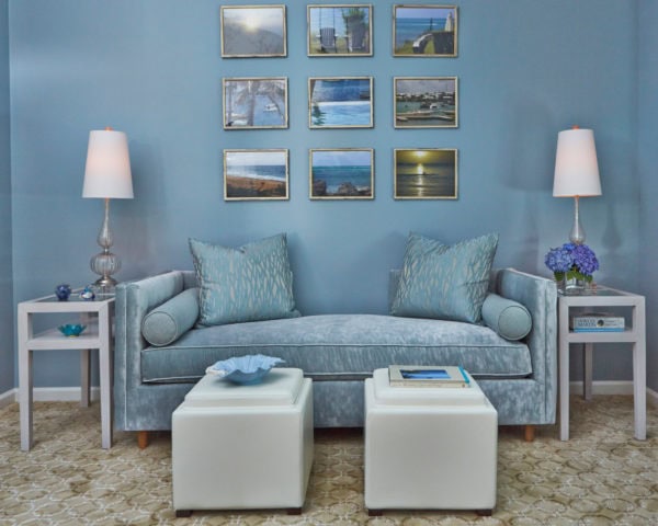 try an all-blue living room and gold picture frames for a calming space