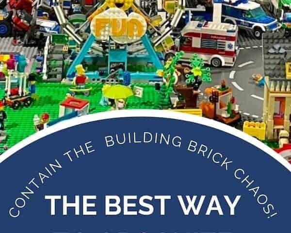 colorful lego city assembled on table top with blue circle and white text box beneath