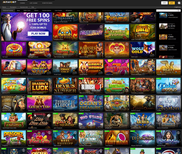 Mr Favorit Casino 100% bonus and 100 free spins on 1st deposit 
