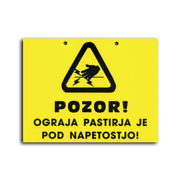 Opozorilna tablica, ki ponazarja napetost električne ograje za živali.