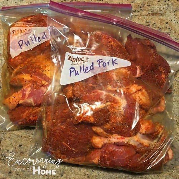 Pulled Pork in Freezer Bag for Meal in Slow Cooker with printable recipe card