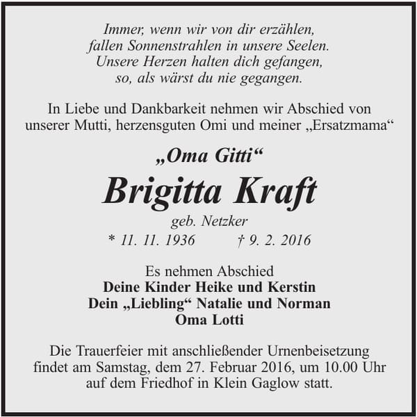 Traueranzeige Brigitta „Oma Gitti“ Kraft, geb. Netzker