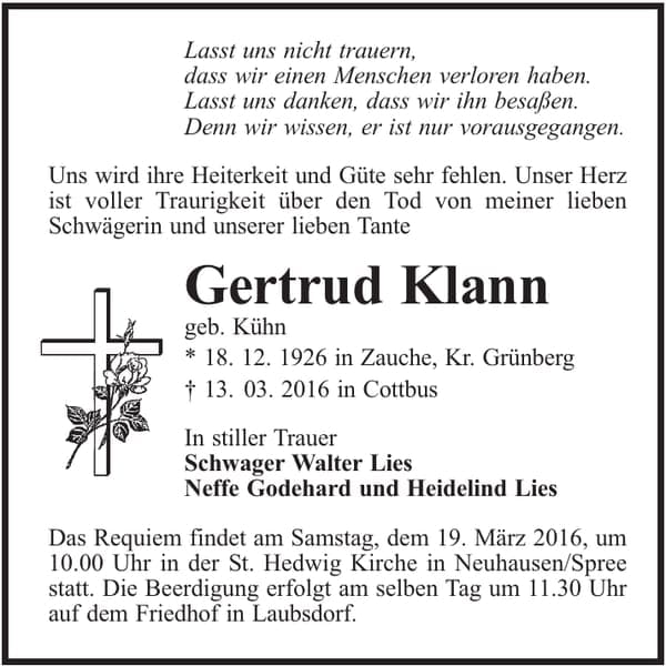 Traueranzeige Gertrud Klann, geb. Kühn