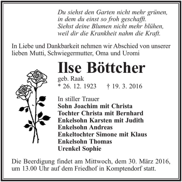 Traueranzeige Ilse Böttcher, geb. Raak