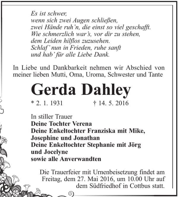 Traueranzeige Gerda Dahley