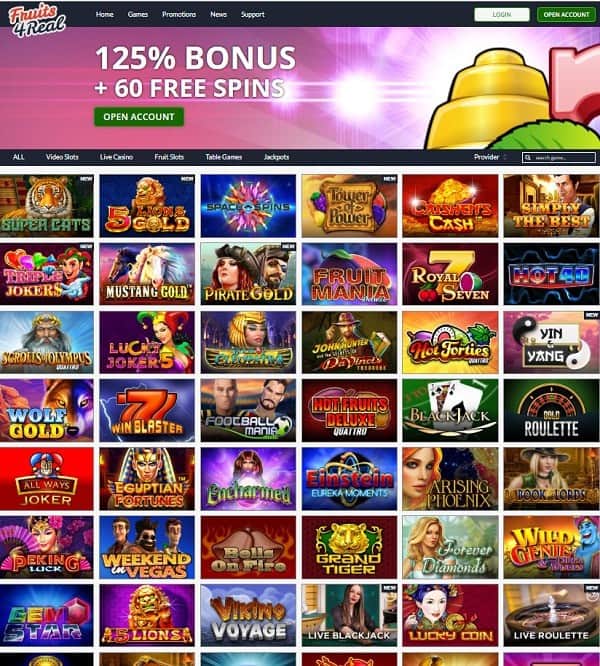Fruit 4 Real Casino 125% bonus and 60 gratis spins