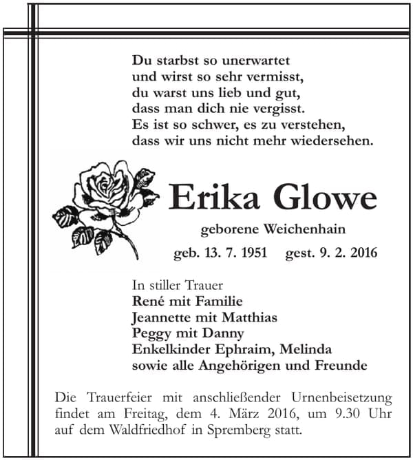 Traueranzeige Erika Glowe