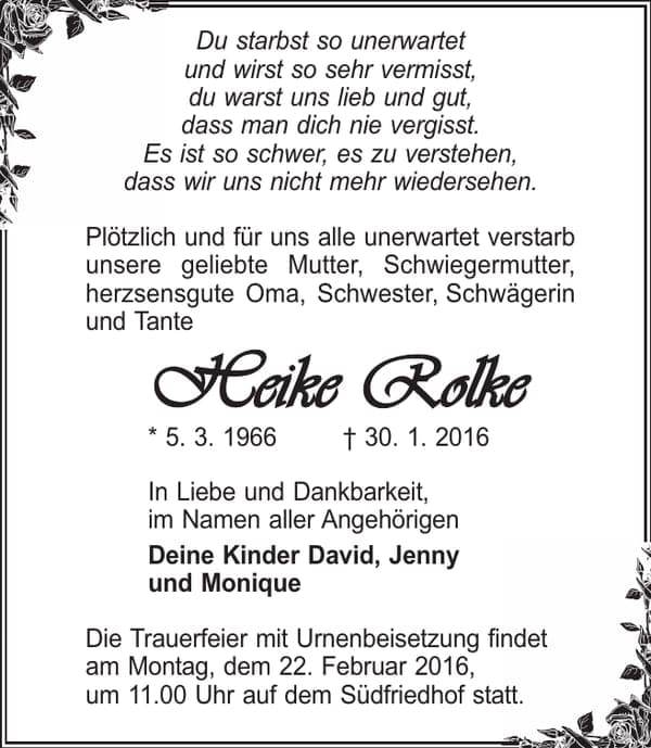 Traueranzeige Heike Rolke