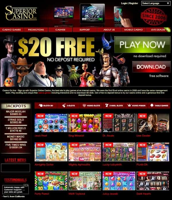 Superior Casino $20 free chip bonus 