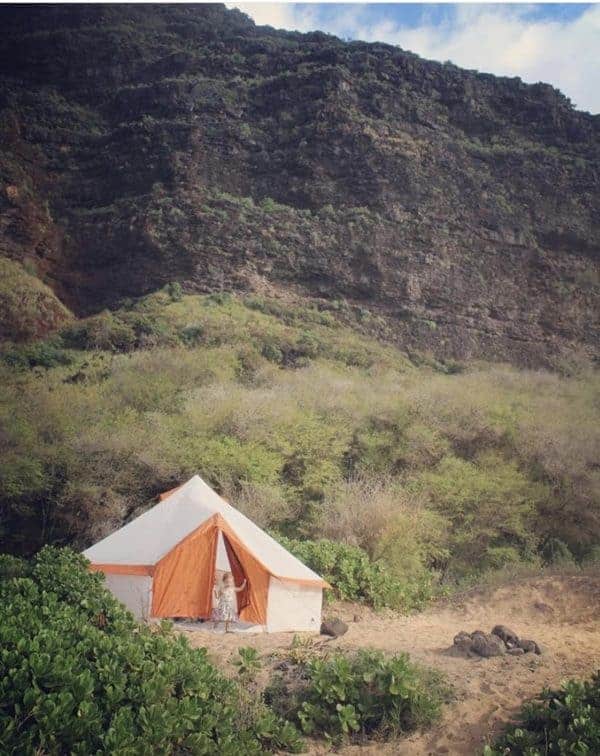 Our tent on the beach when camping in Hawaii with kids