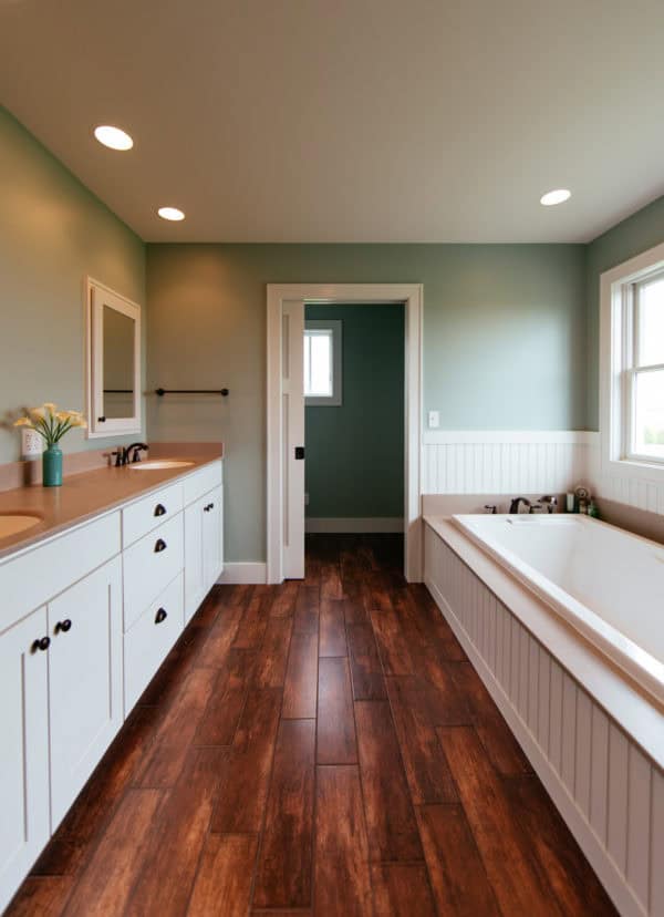 go for a spacious contemporary bathroom with brown wood flooring and pastel green paint