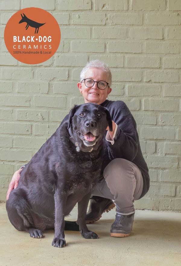 Julia Buss and Della the"black dog" of Black Dog Ceramics