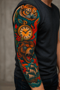 Neo-Traditional Sleeve Tattoo mit Tiger, Eule und Schiff